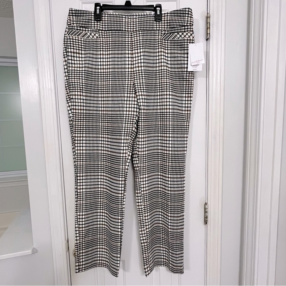 NWT Kim Rogers Millennium Straight black tan ivory plaid pullon pants, 16S.